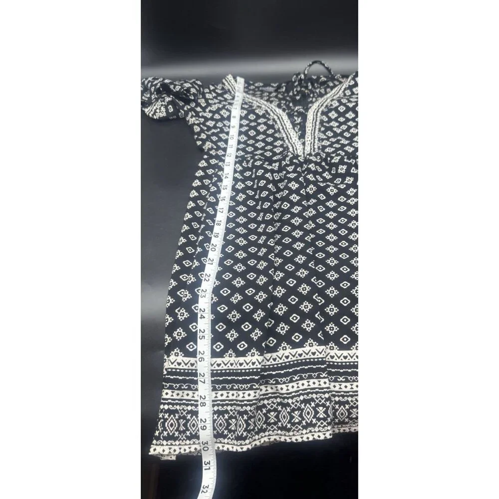 Womens Black White Bell Sleeve Mini Dress Large Boho Peasant Hippie Festival - Picture 9 of 9